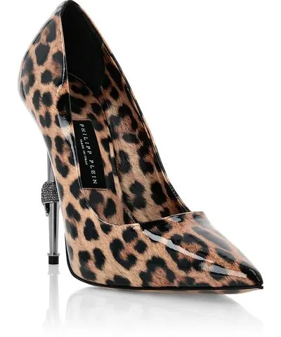 Philipp Plein Leopard Patent Leather Pumps with Skull Heel