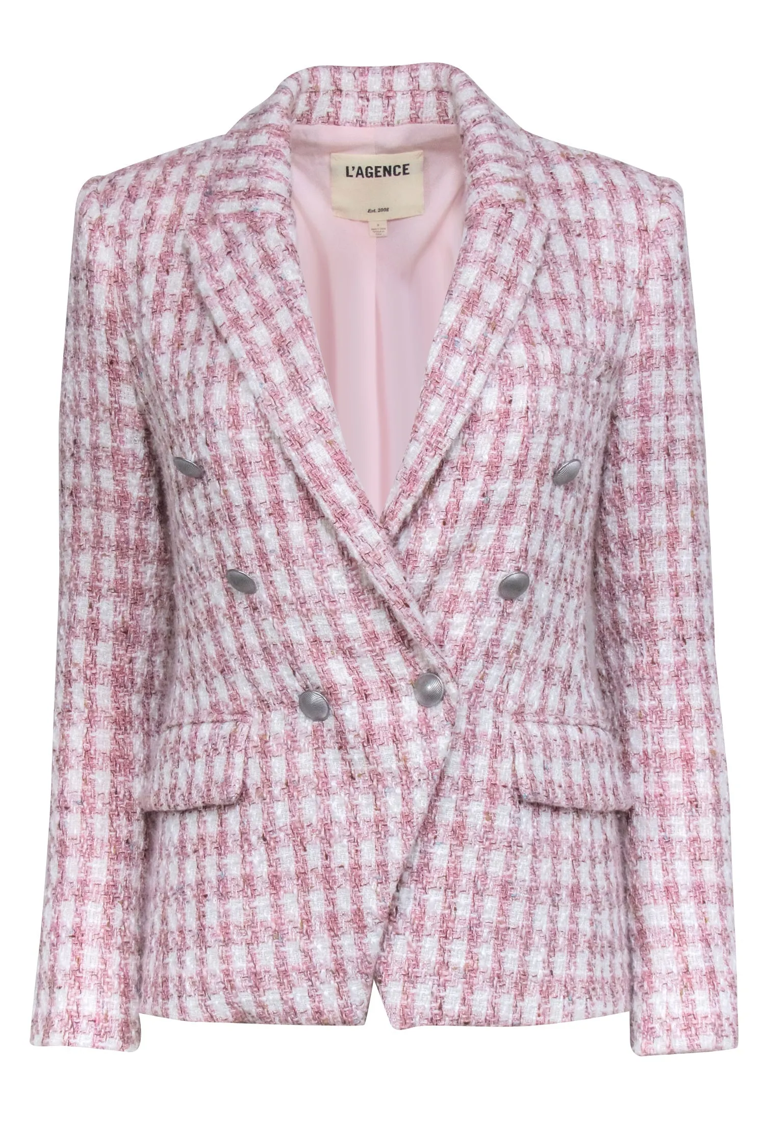 Pink & White Double Breasted Tweed Blazer by L'Agence, Size 0