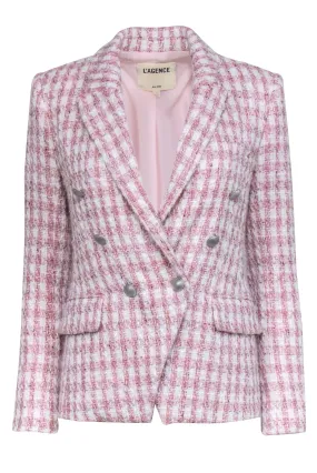 Pink & White Double Breasted Tweed Blazer by L'Agence, Size 0