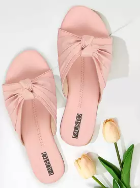 Pink Bow Open Toe Slip On Flats Slippers for Women