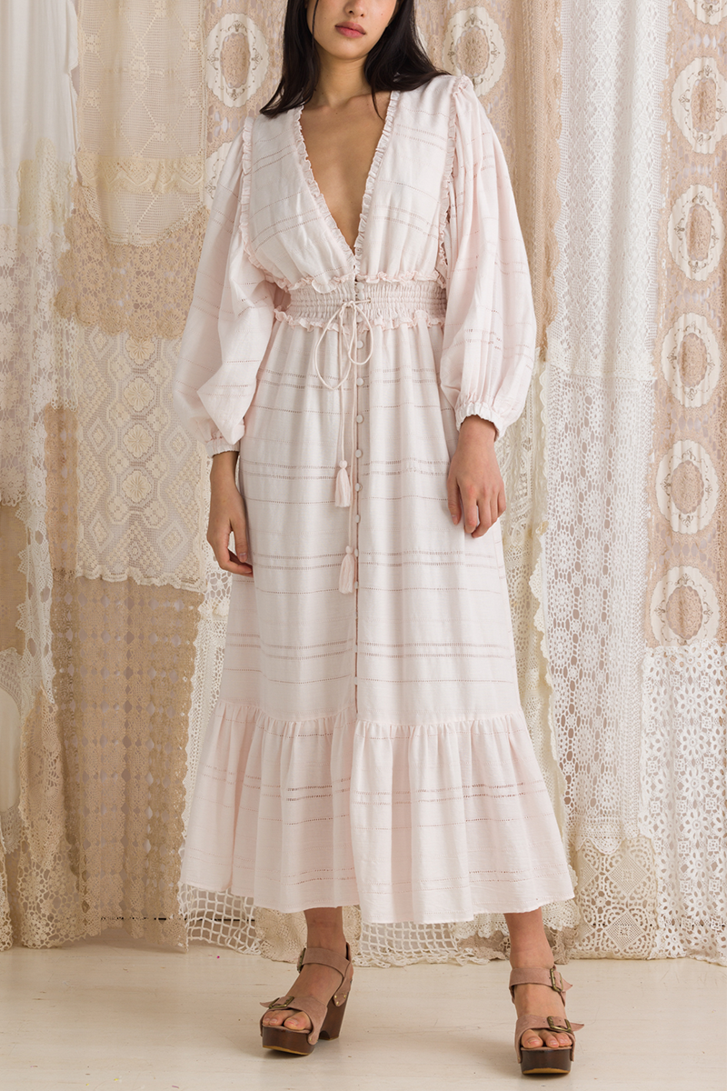 Pink Marshmallow Ladder Lace Balloon Sleeve Midi