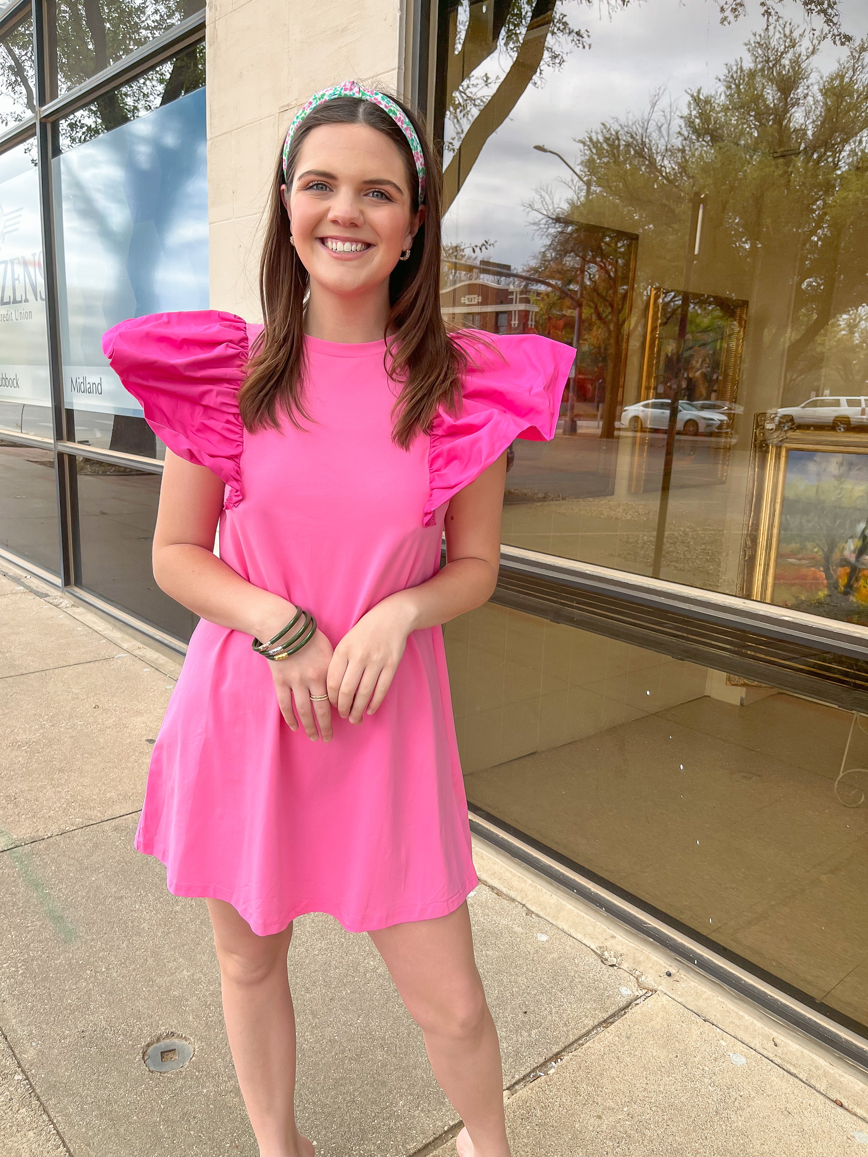 Pink Ruffle Sleeve Knit Dress