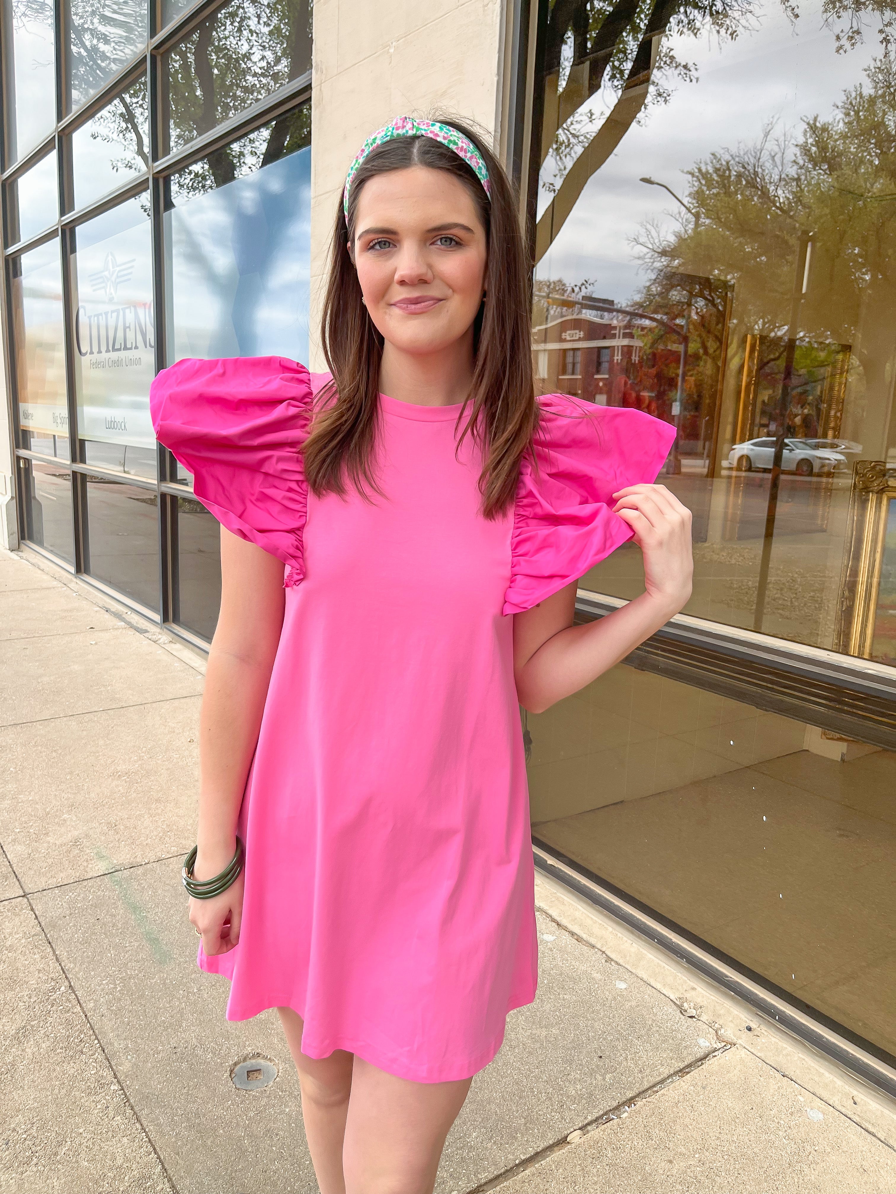 Pink Ruffle Sleeve Knit Dress