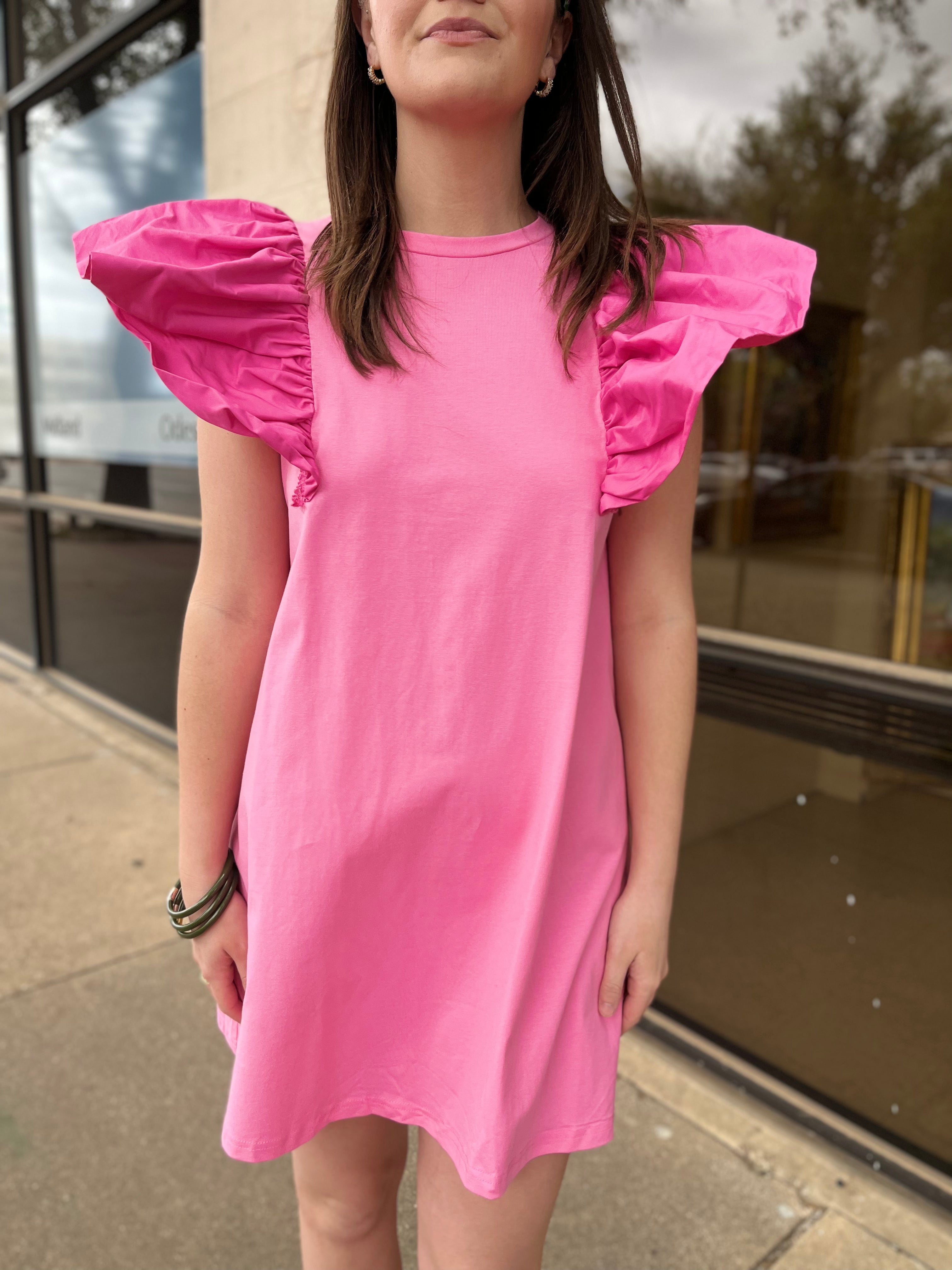 Pink Ruffle Sleeve Knit Dress