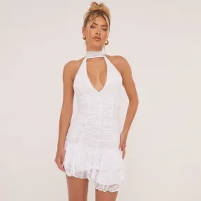 White Lace Mini Dress with Frill Hem and Plunge Choker Detail