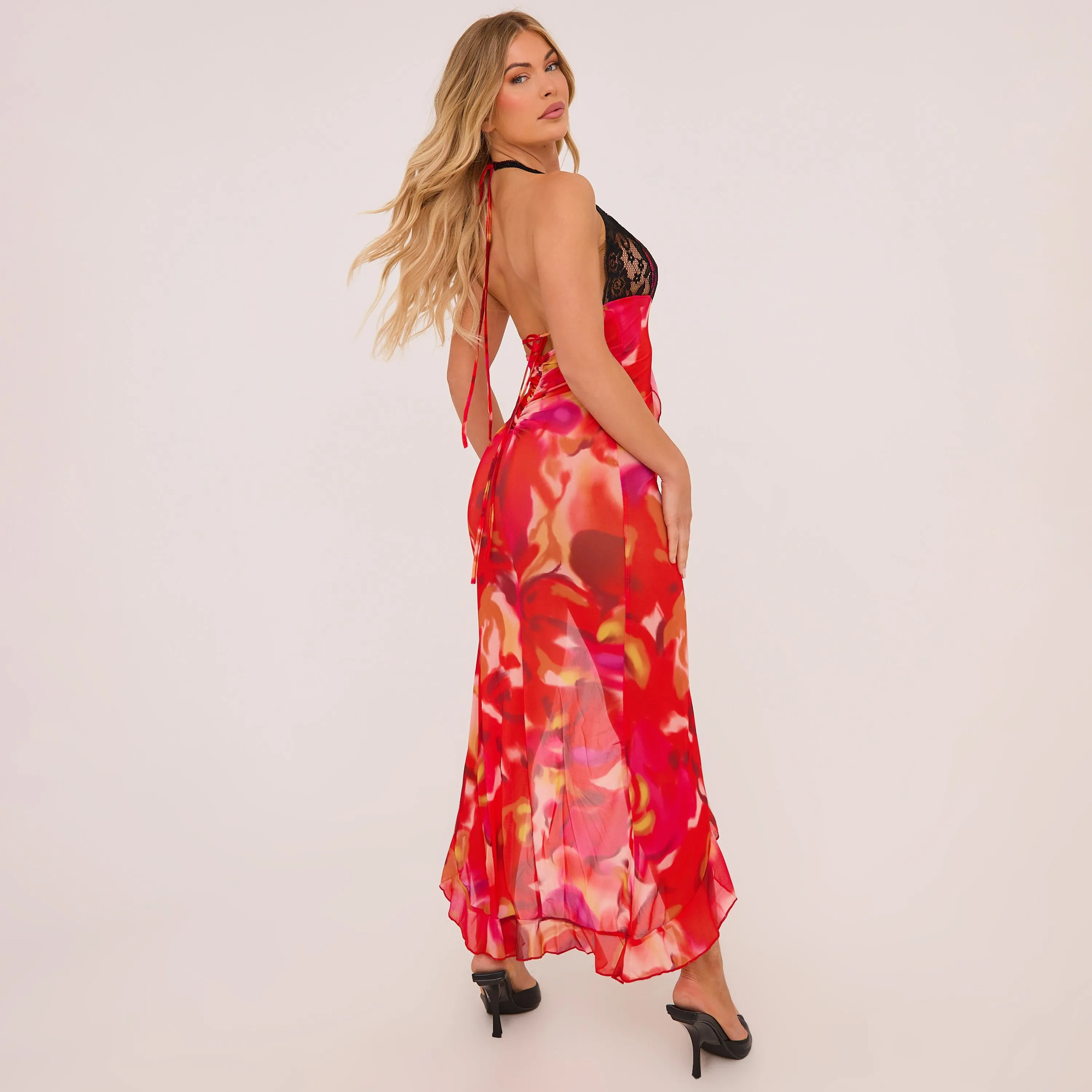 Red Floral Print Mesh Plunge Lace Front Split Leg Maxi Dress