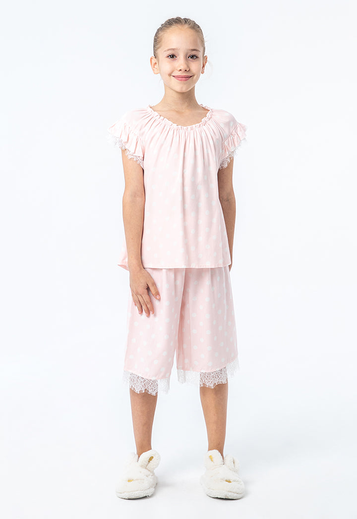 Polka Dot High-Low Ruffled Lace Pajama Set with the following URL structure: polka-dots-high-low-ruffles-lace-pajama-set