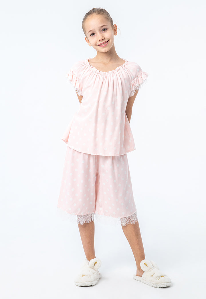 Polka Dot High-Low Ruffled Lace Pajama Set with the following URL structure: polka-dots-high-low-ruffles-lace-pajama-set