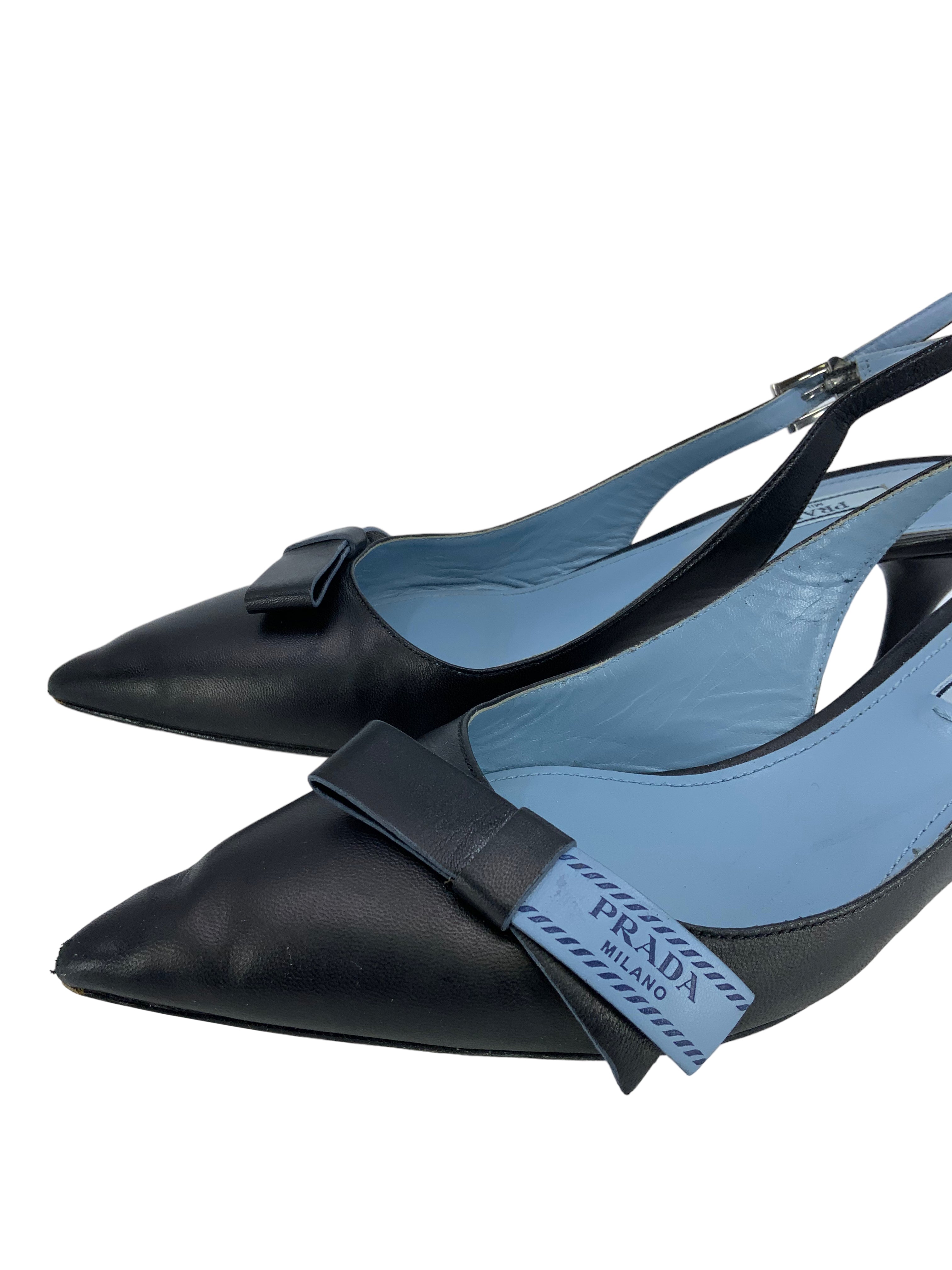 Prada Leather Logo Bow Kitten Heel Slingback Pumps 7.5 - Buy Now