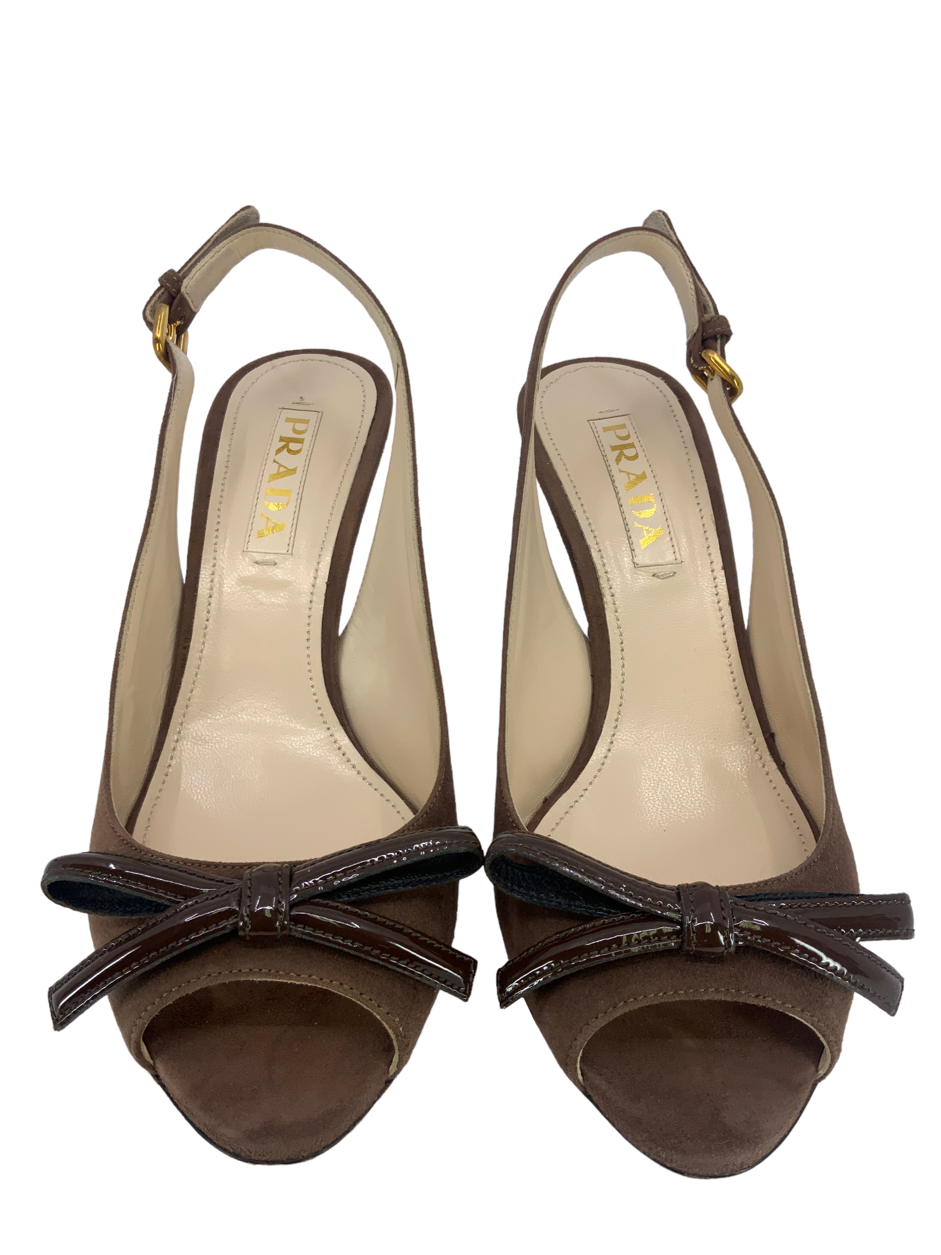 Prada Peep Toe Bow Sandals | Suede | Size 7.5