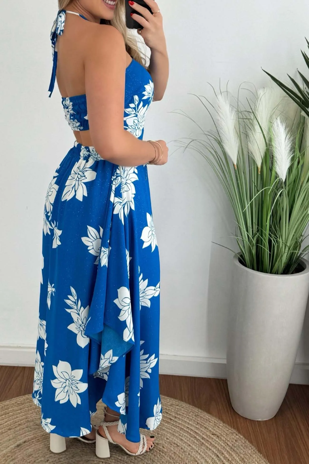 Backless Halterneck Midi Dress Print