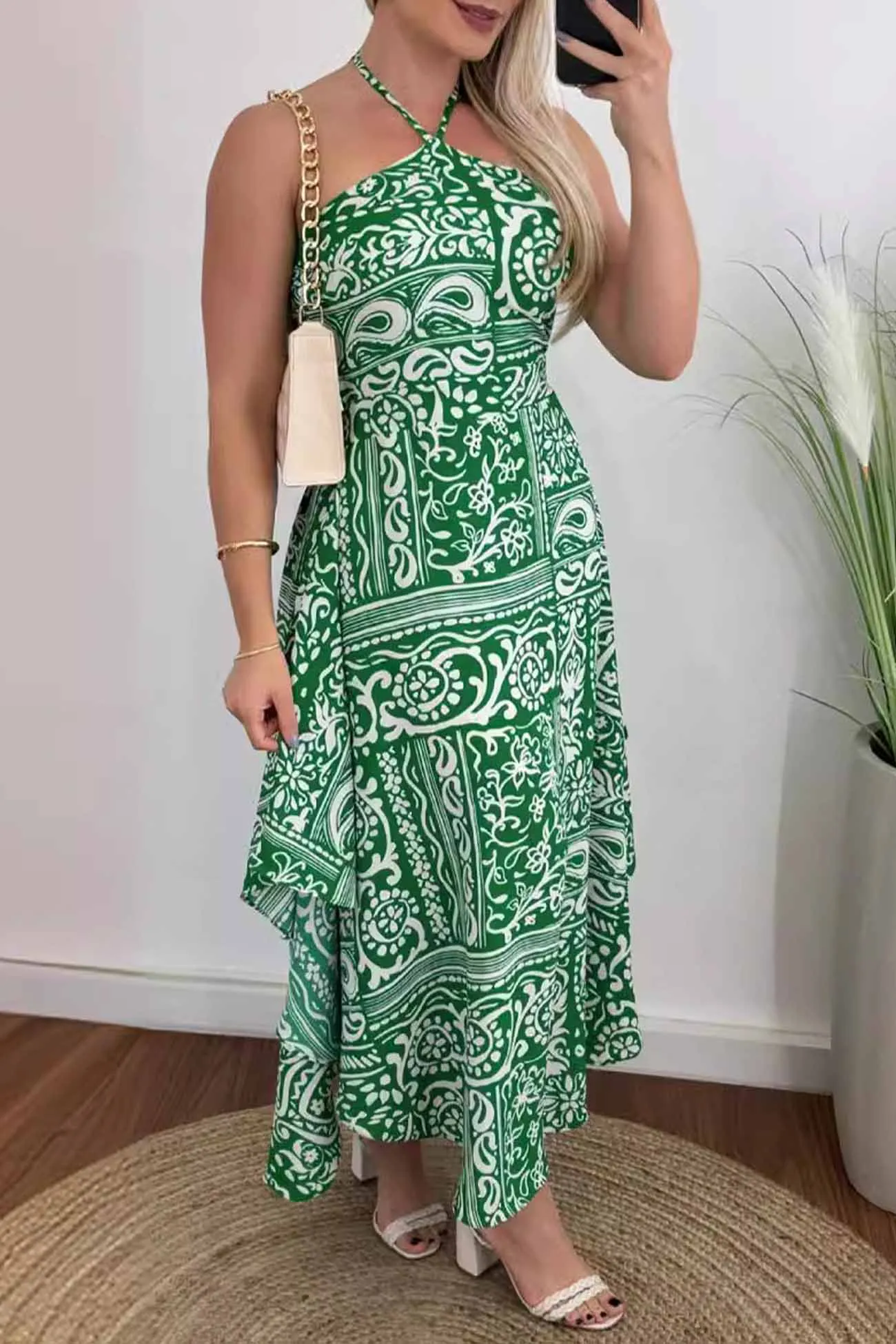 Backless Halterneck Midi Dress Print