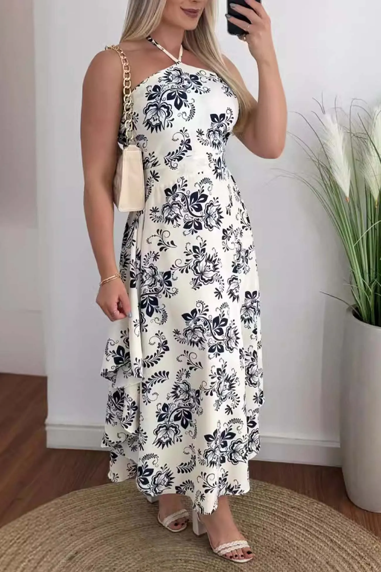 Backless Halterneck Midi Dress Print