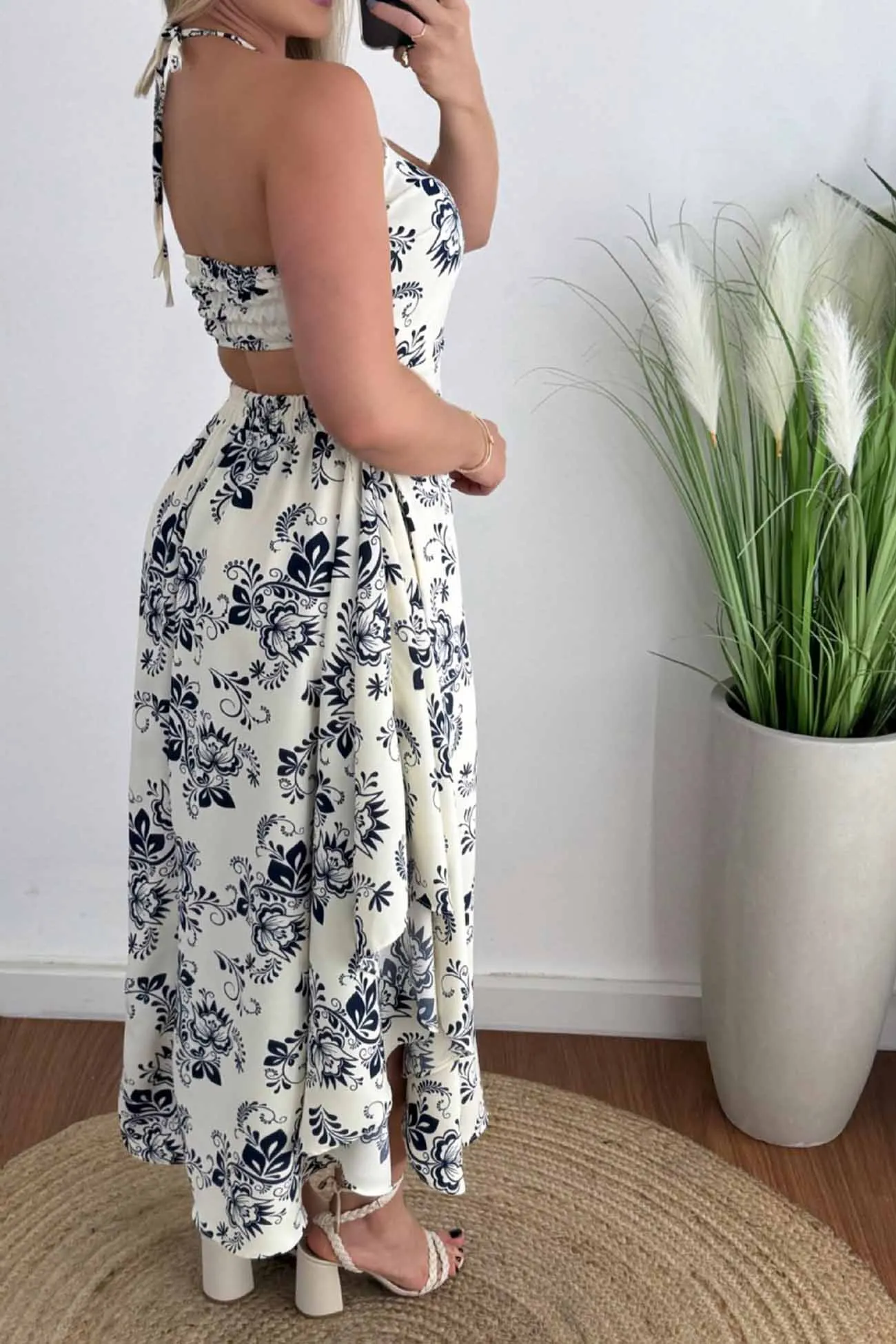 Backless Halterneck Midi Dress Print