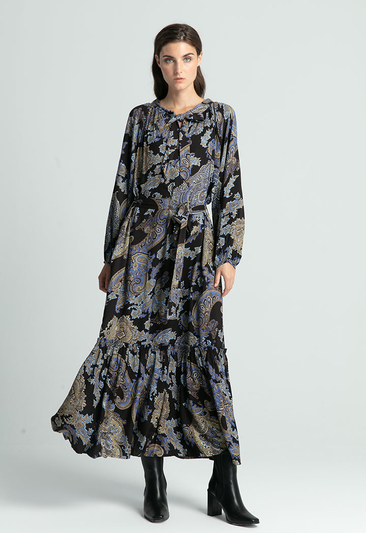 Printed Neck Tie Maxi Dress