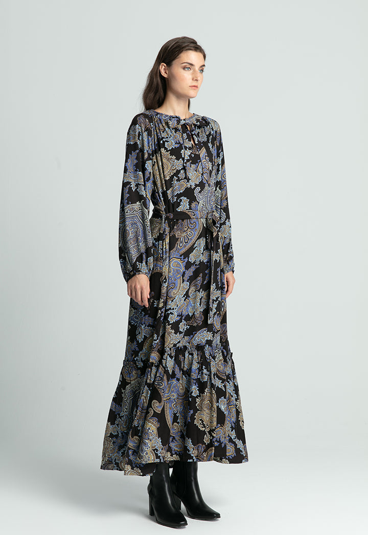 Printed Neck Tie Maxi Dress