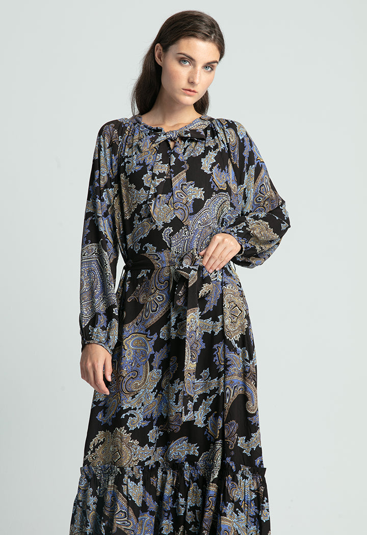 Printed Neck Tie Maxi Dress