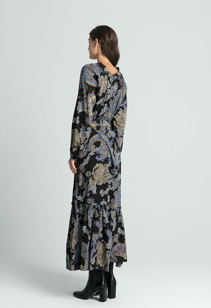 Printed Neck Tie Maxi Dress