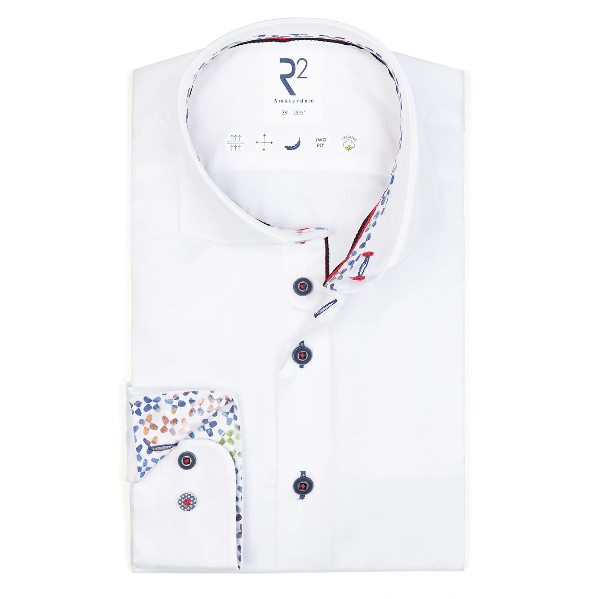 White Pattern Shirt with Contrast Cuff and Buttons from R2 Amsterdam