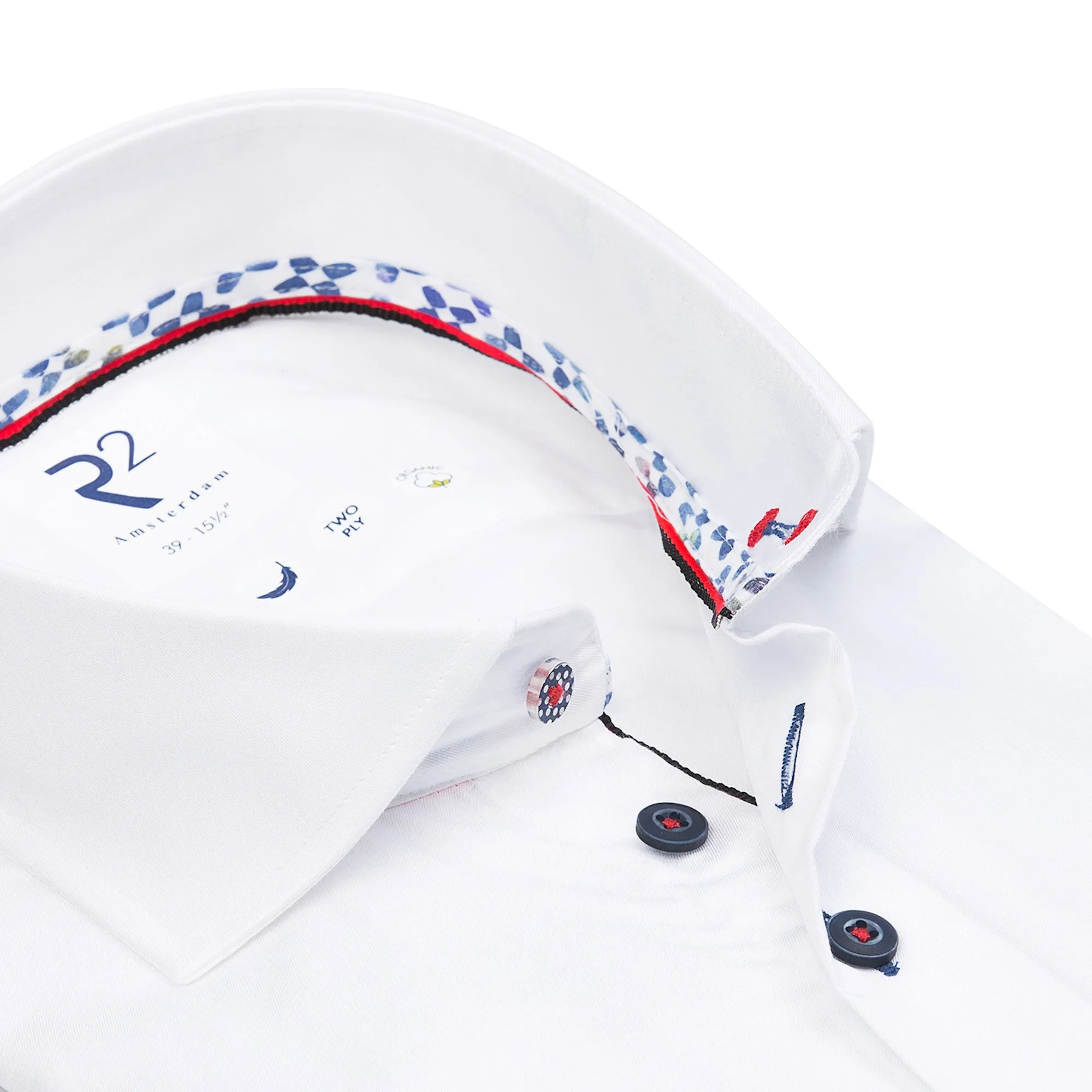 White Pattern Shirt with Contrast Cuff and Buttons from R2 Amsterdam