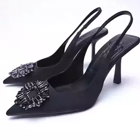 Rhinestone embellished pointed heel pumps