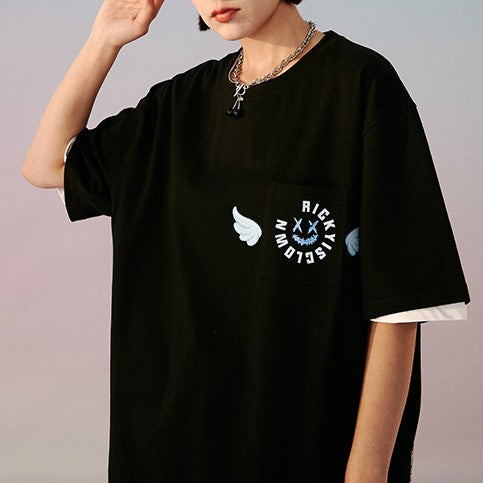 Rickyisclown Angel Wings Pocket Tee Black with Embroidery - R9210508f-GGGG.