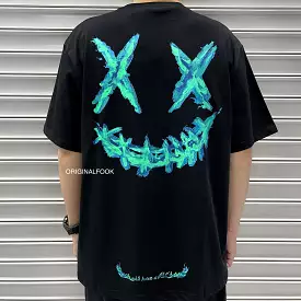 Ricky's Clown Blue Flame Smiley T-Shirt in Black