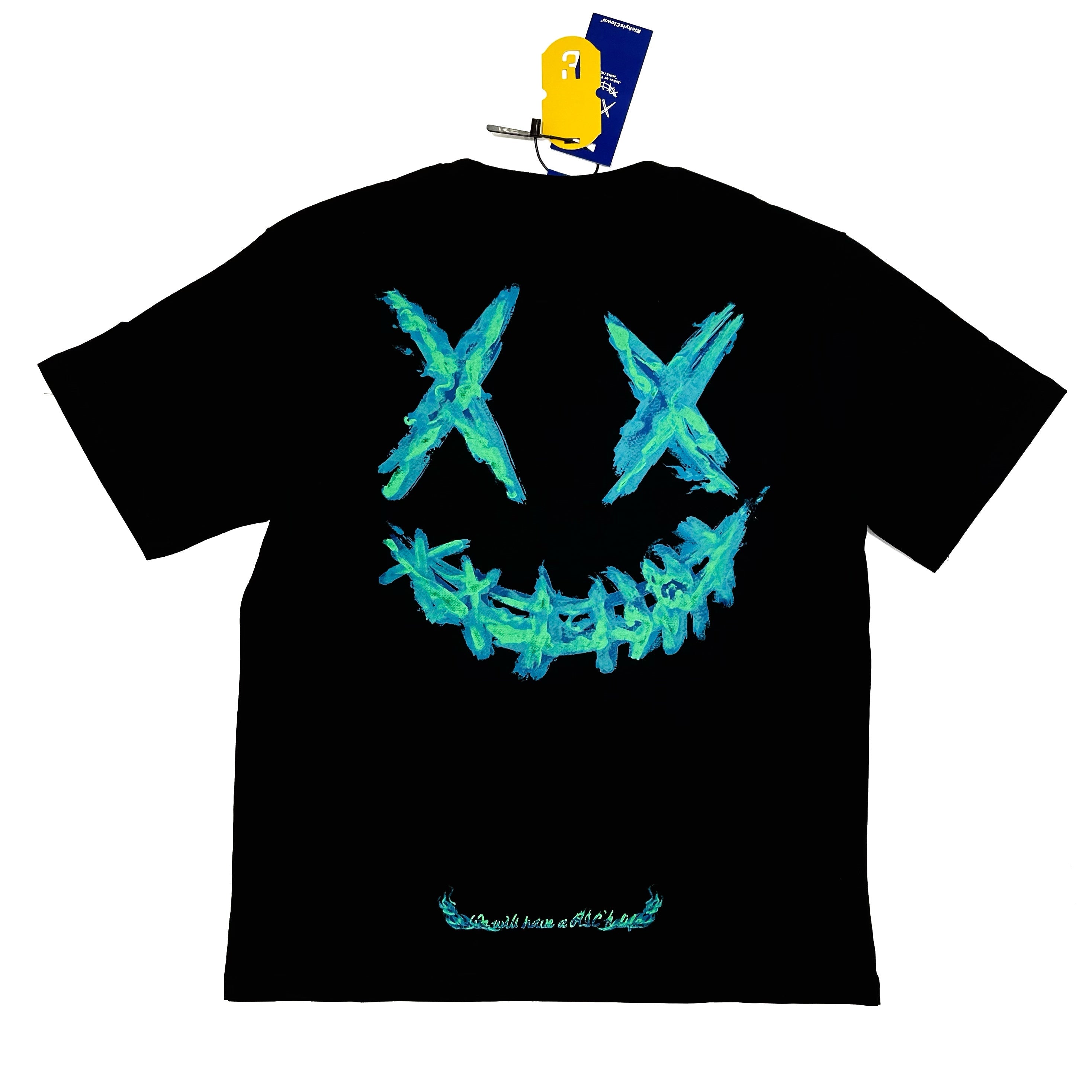 Ricky's Clown Blue Flame Smiley T-Shirt in Black