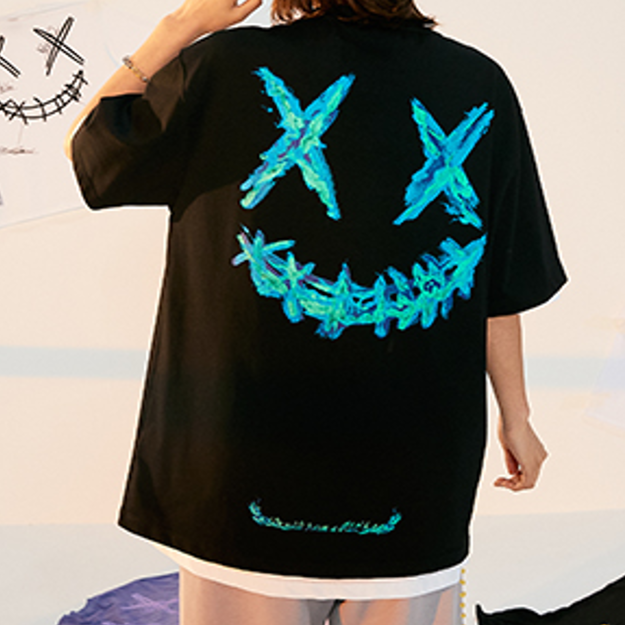 Ricky's Clown Blue Flame Smiley T-Shirt in Black