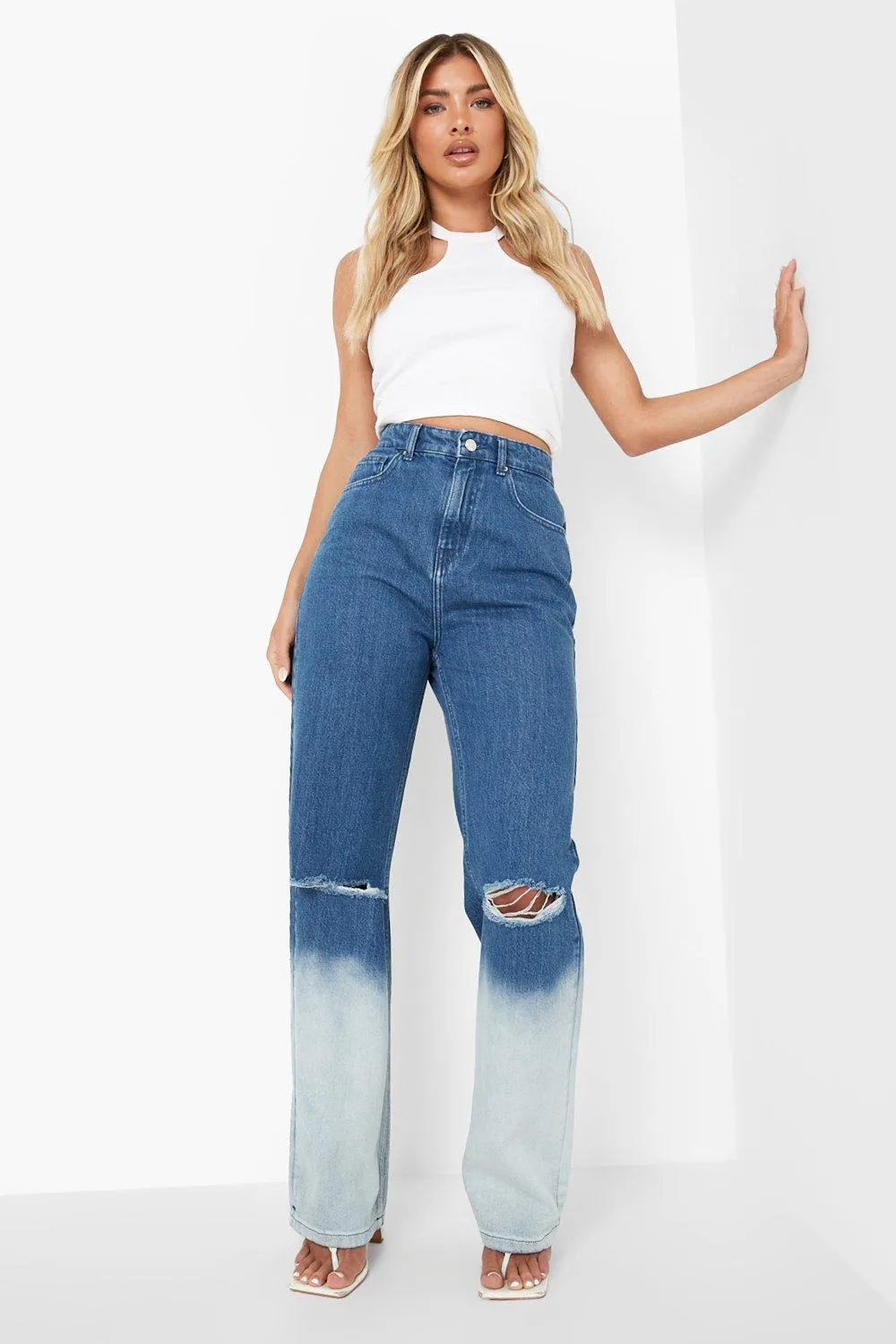 Ripped Knee Ombre Boyfriend Jeans for Women