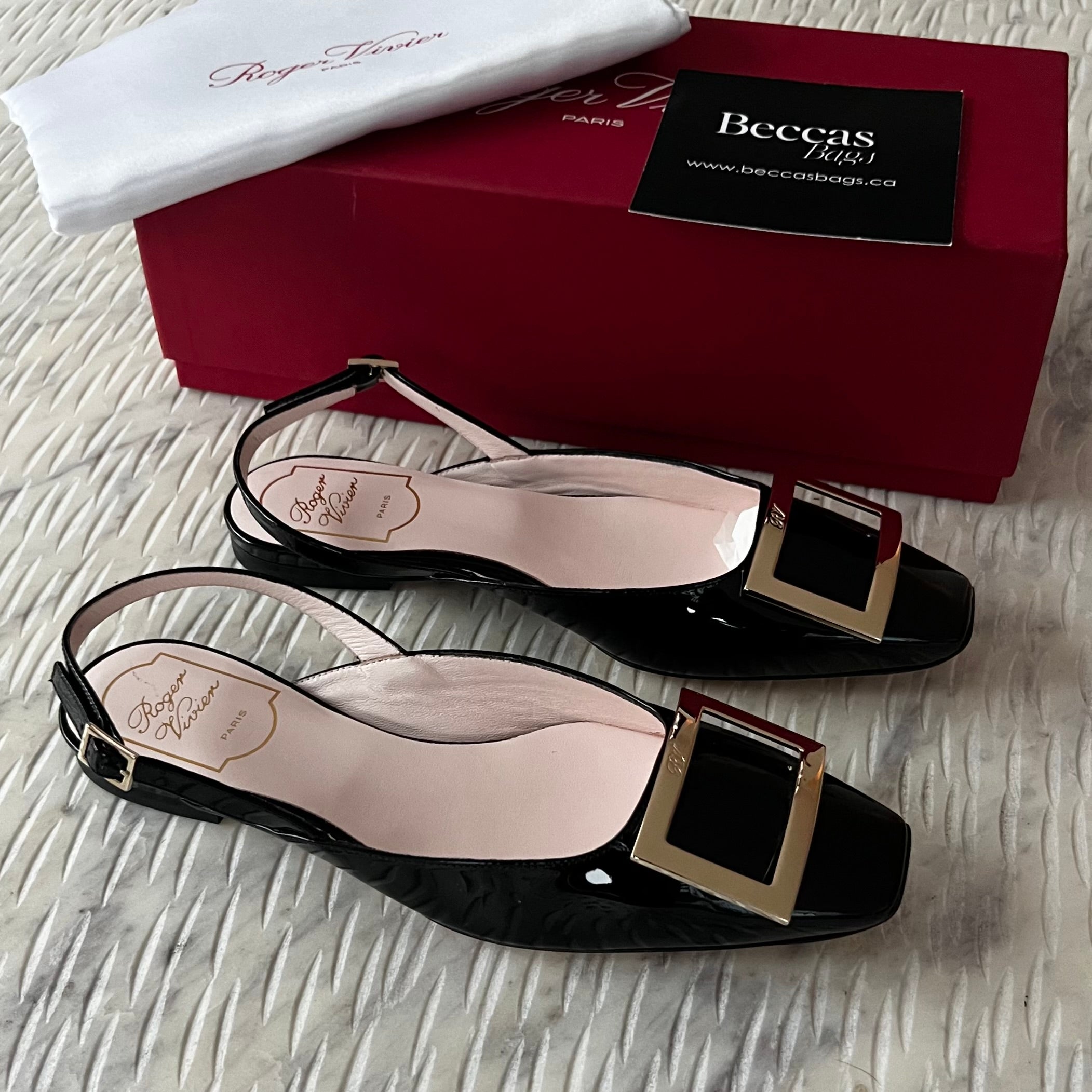 Roger Vivier Slingback Ballerinas, Metal Buckle, Patent Leather, Trompette