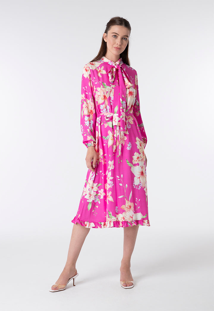 Rose Print Neck Tie Dress