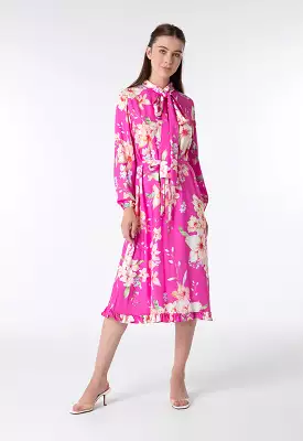 Rose Print Neck Tie Dress