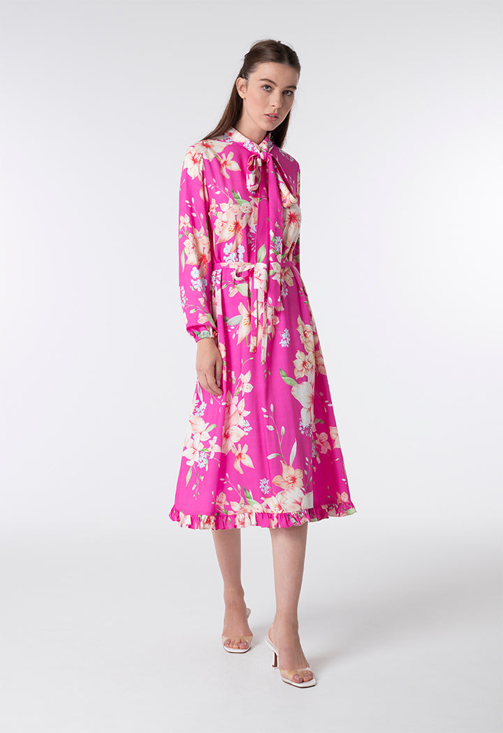 Rose Print Neck Tie Dress