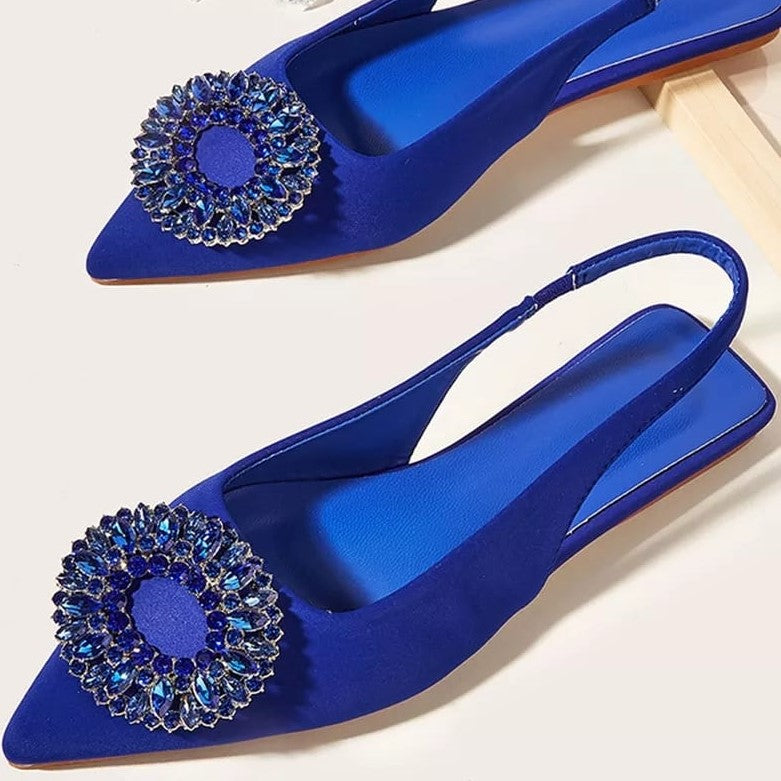 Sandal flats with rhinestones, slingback style.