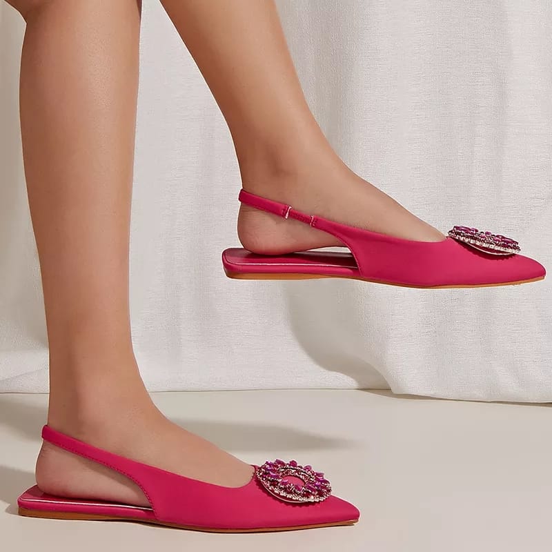 Sandal flats with rhinestones, slingback style.