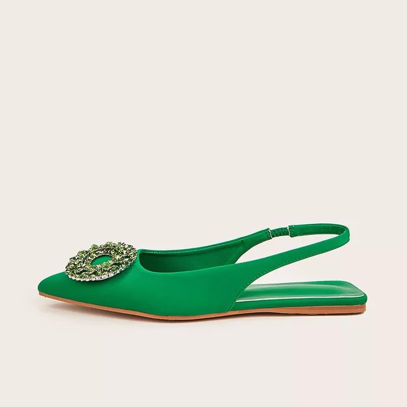 Sandal flats with rhinestones, slingback style.