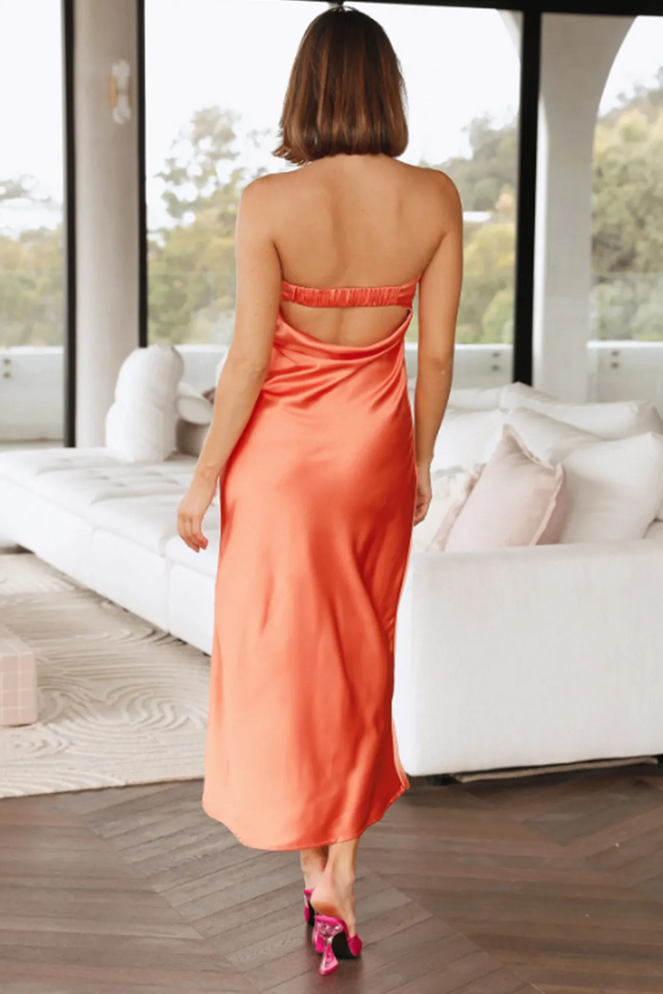 Strapless Midi Solid Color Satin Dress