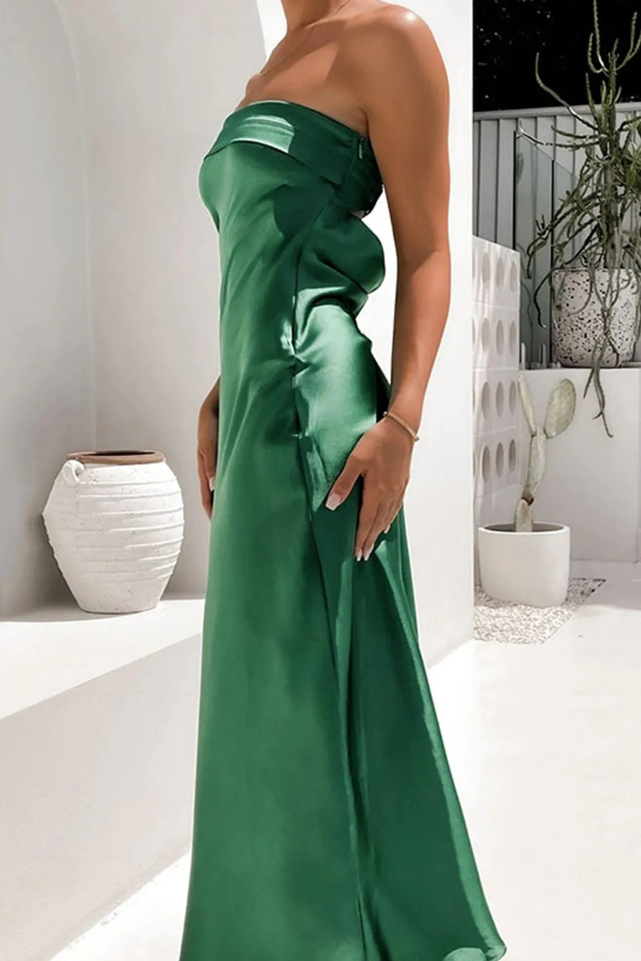 Strapless Midi Solid Color Satin Dress