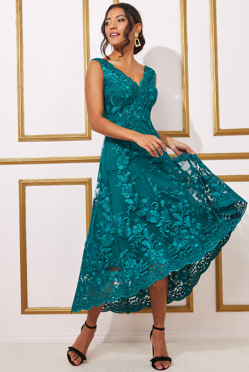 Scalloped Neck Lace Midi Dress by Goddiva