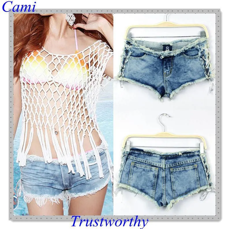 Sexy Women's Denim Jeans Shorts with Side Straps