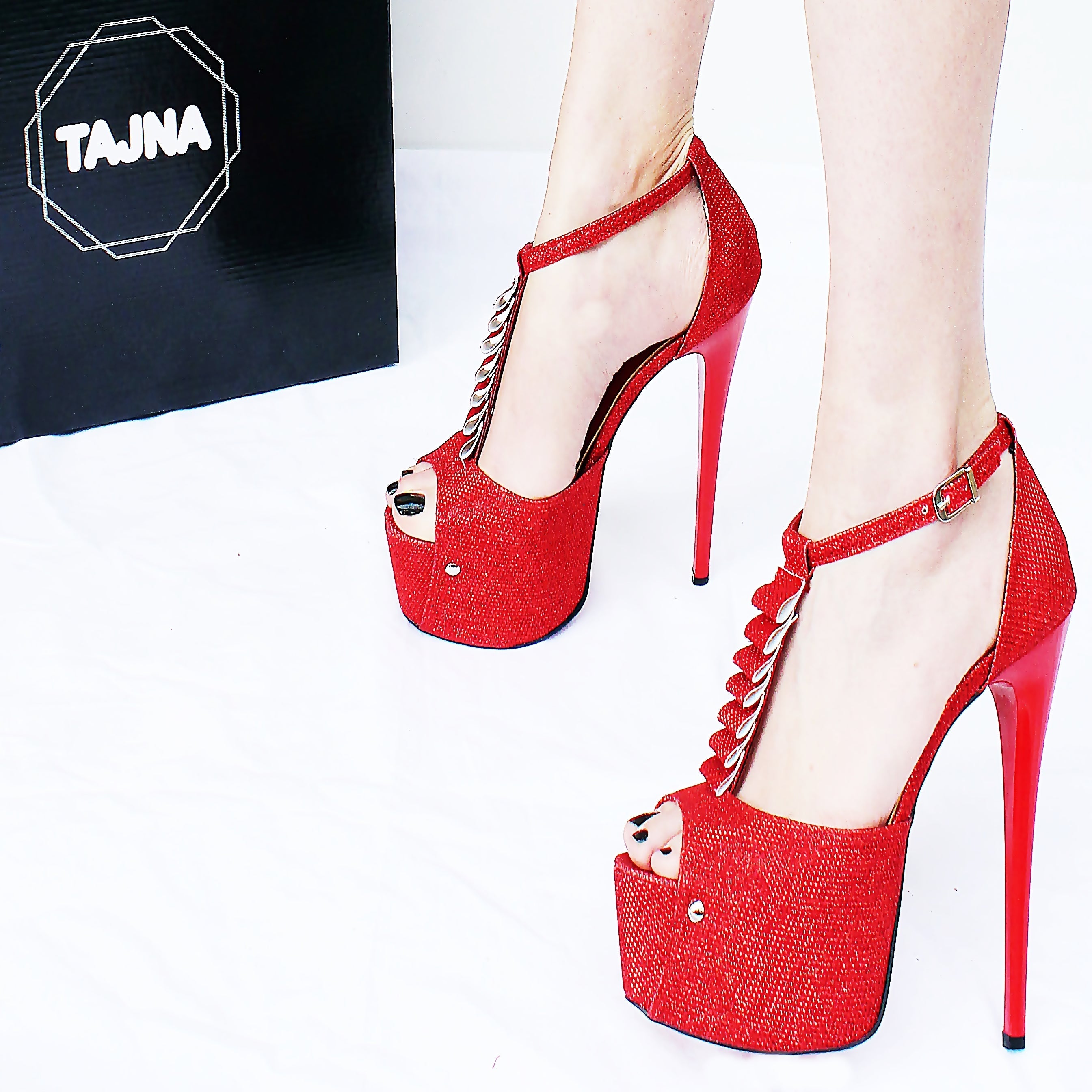 Shiny red peep toe platform shoes with ribbon