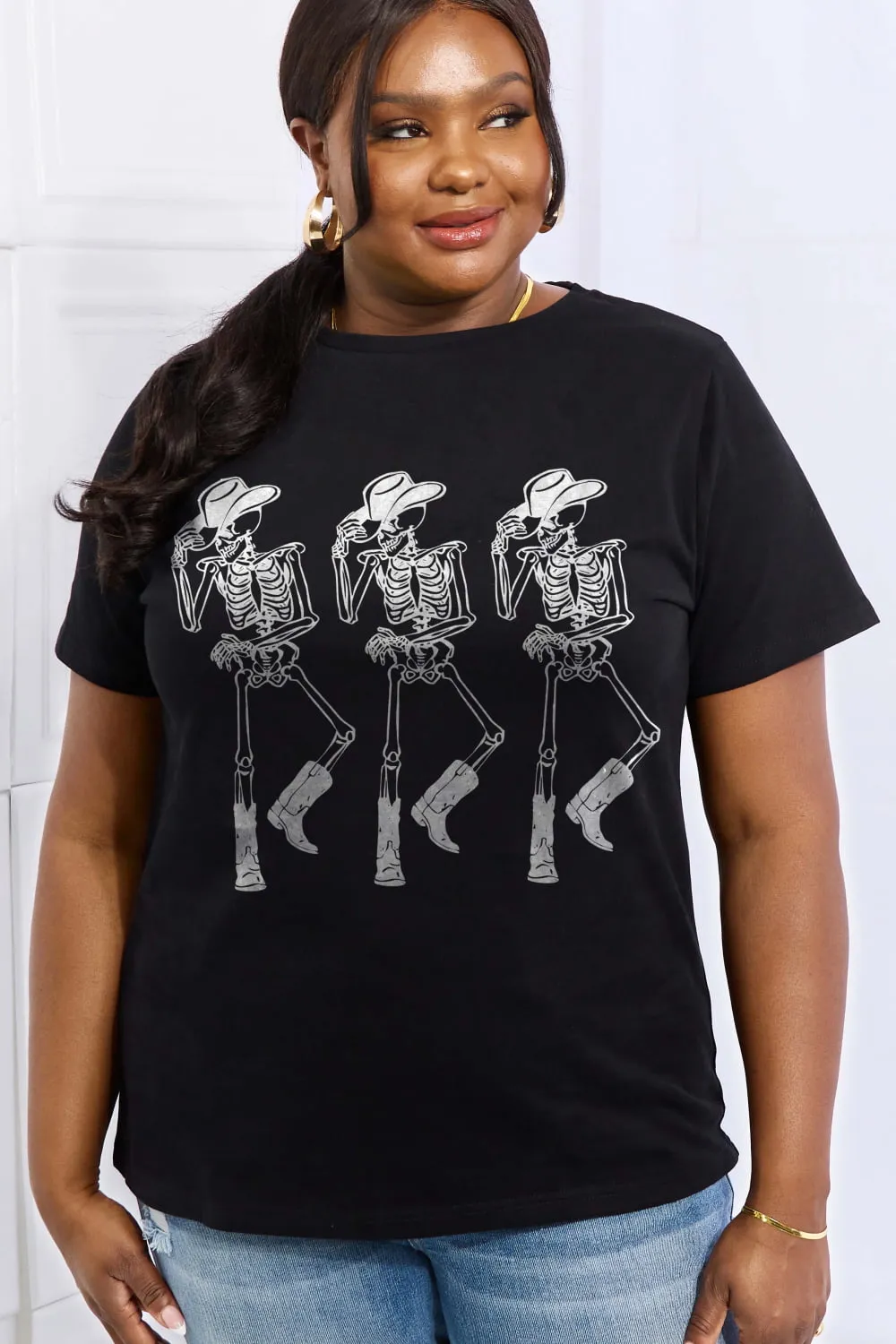 Simply Love cotton tee, full size triple skeletons graphic