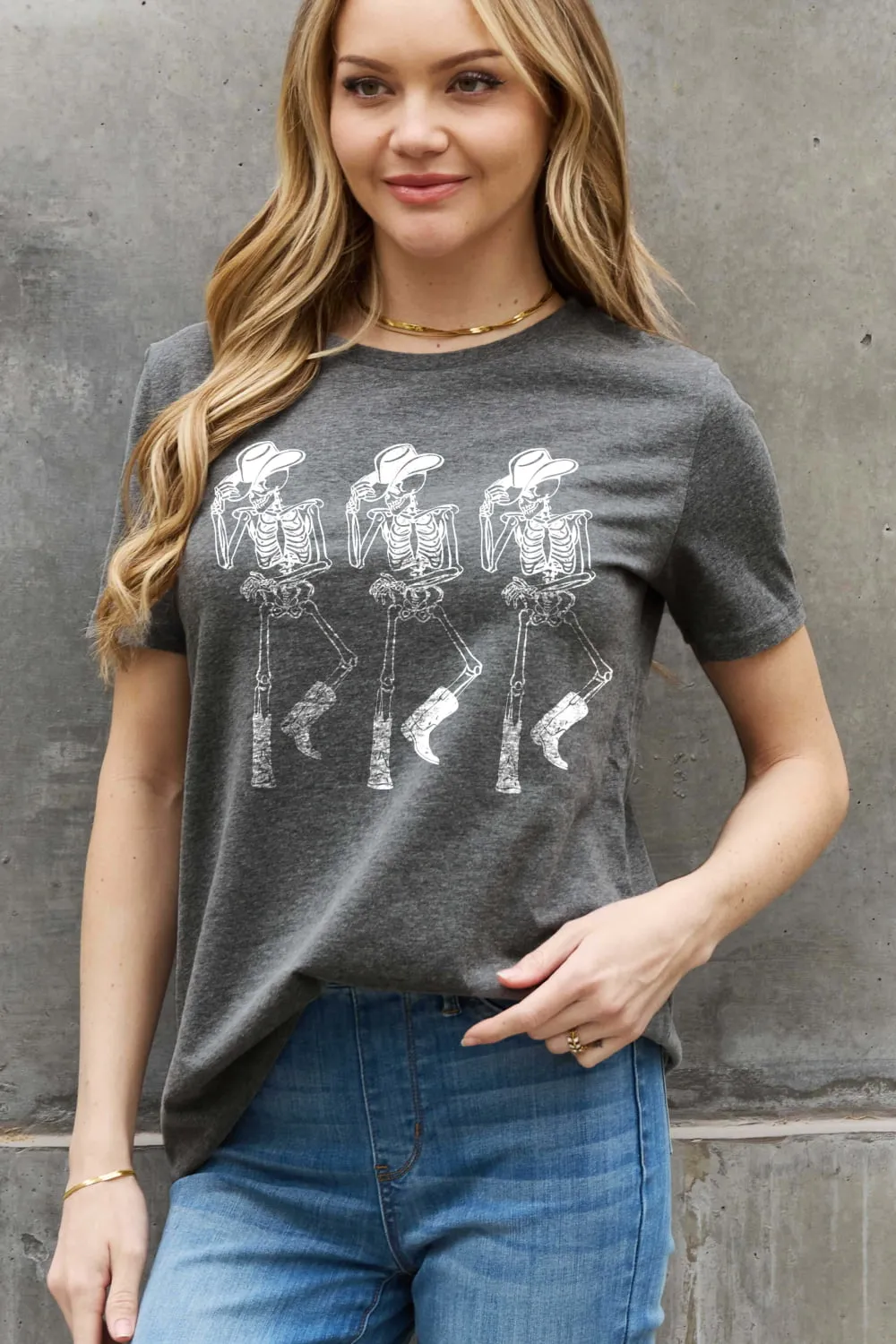 Simply Love cotton tee, full size triple skeletons graphic