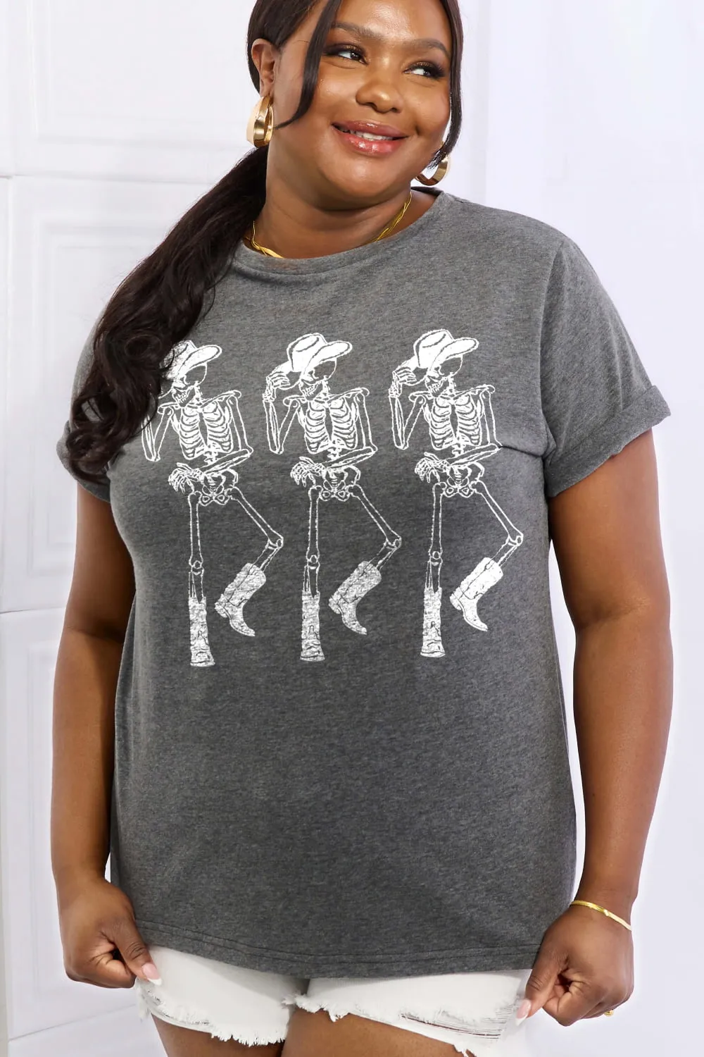 Simply Love cotton tee, full size triple skeletons graphic