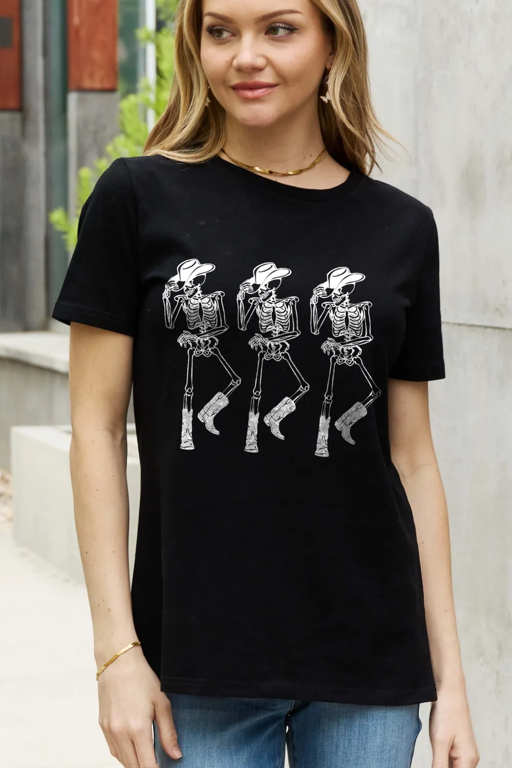 Simply Love cotton tee, full size triple skeletons graphic