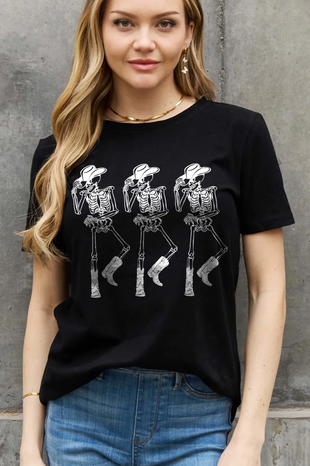 Simply Love cotton tee, full size triple skeletons graphic