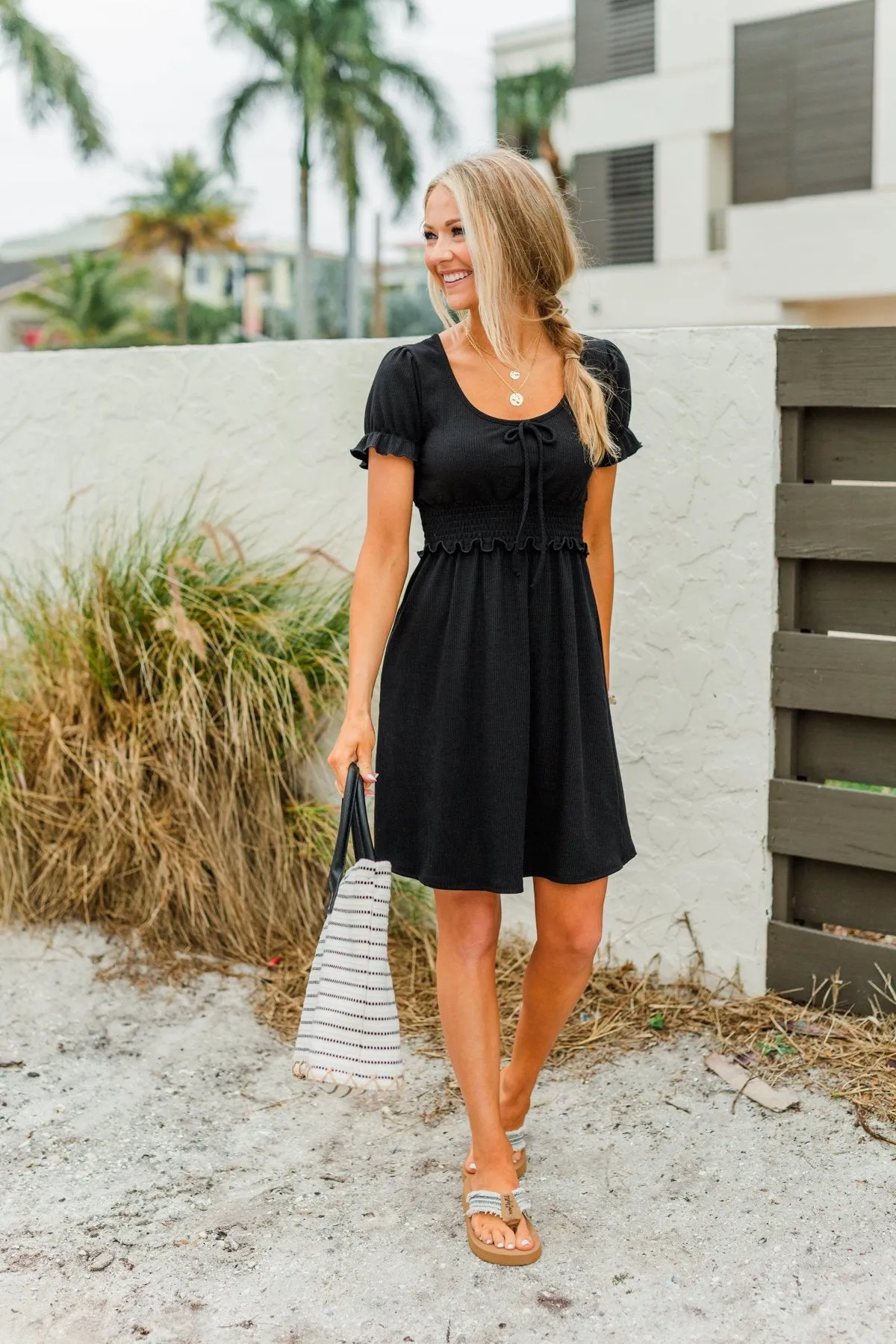 Sincere Smiles Smocked Knit Dress in Black - Shop Now