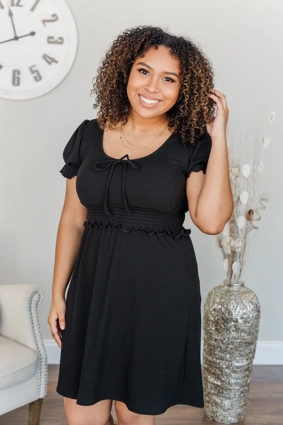 Sincere Smiles Smocked Knit Dress in Black - Shop Now