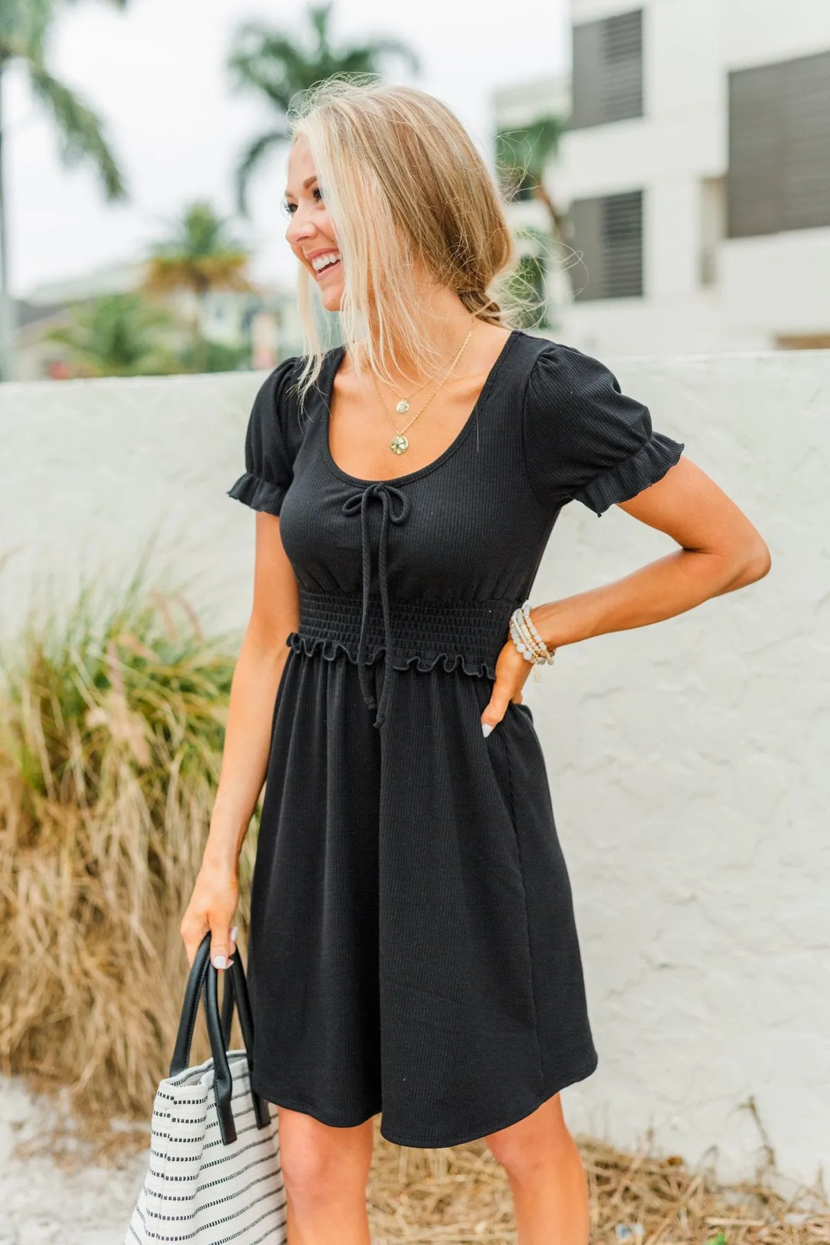 Sincere Smiles Smocked Knit Dress in Black - Shop Now